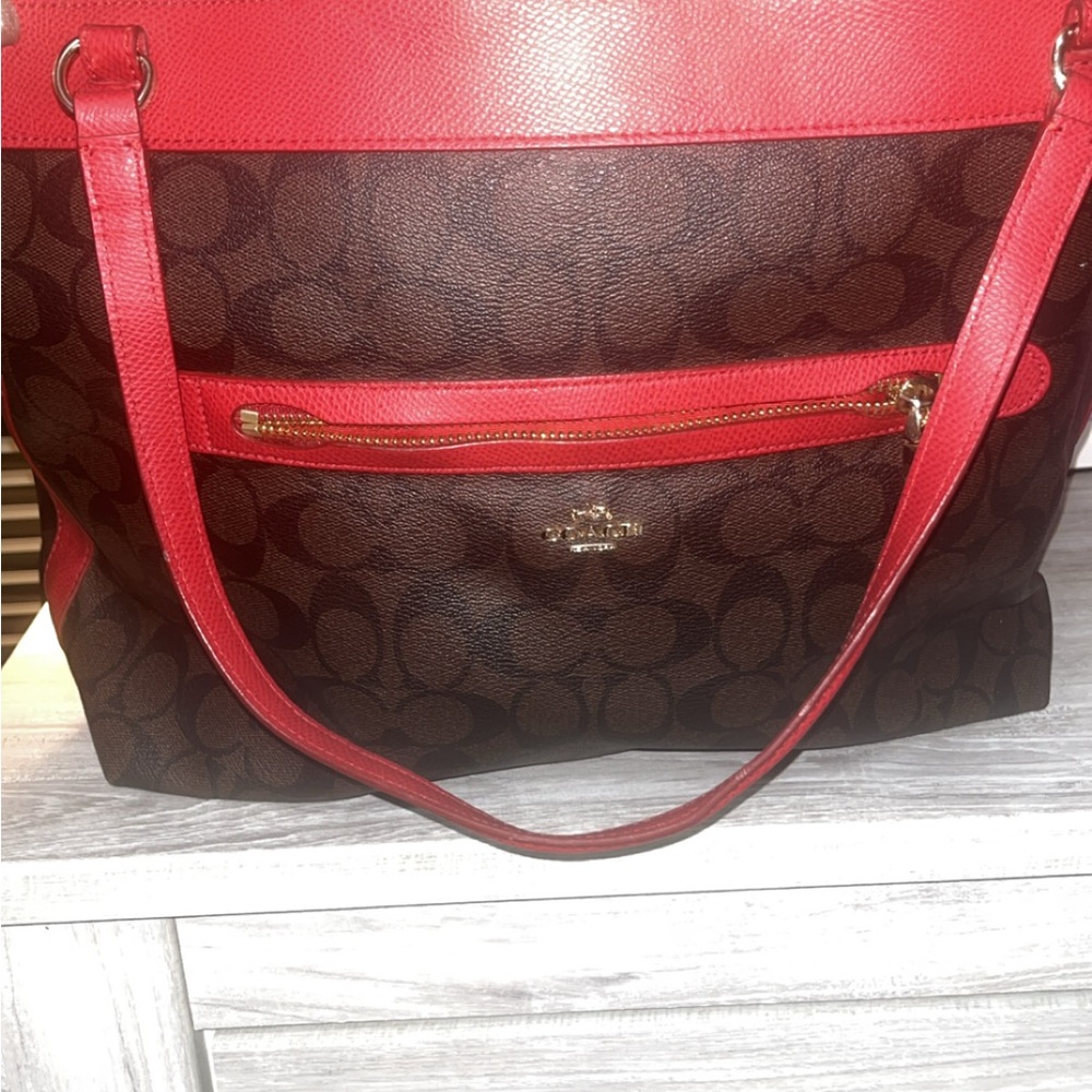 Coach Signature Red and Brown Tote